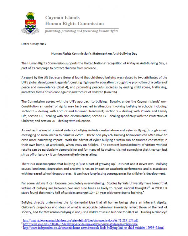 Press Release on Anti-Bullying Day 2017